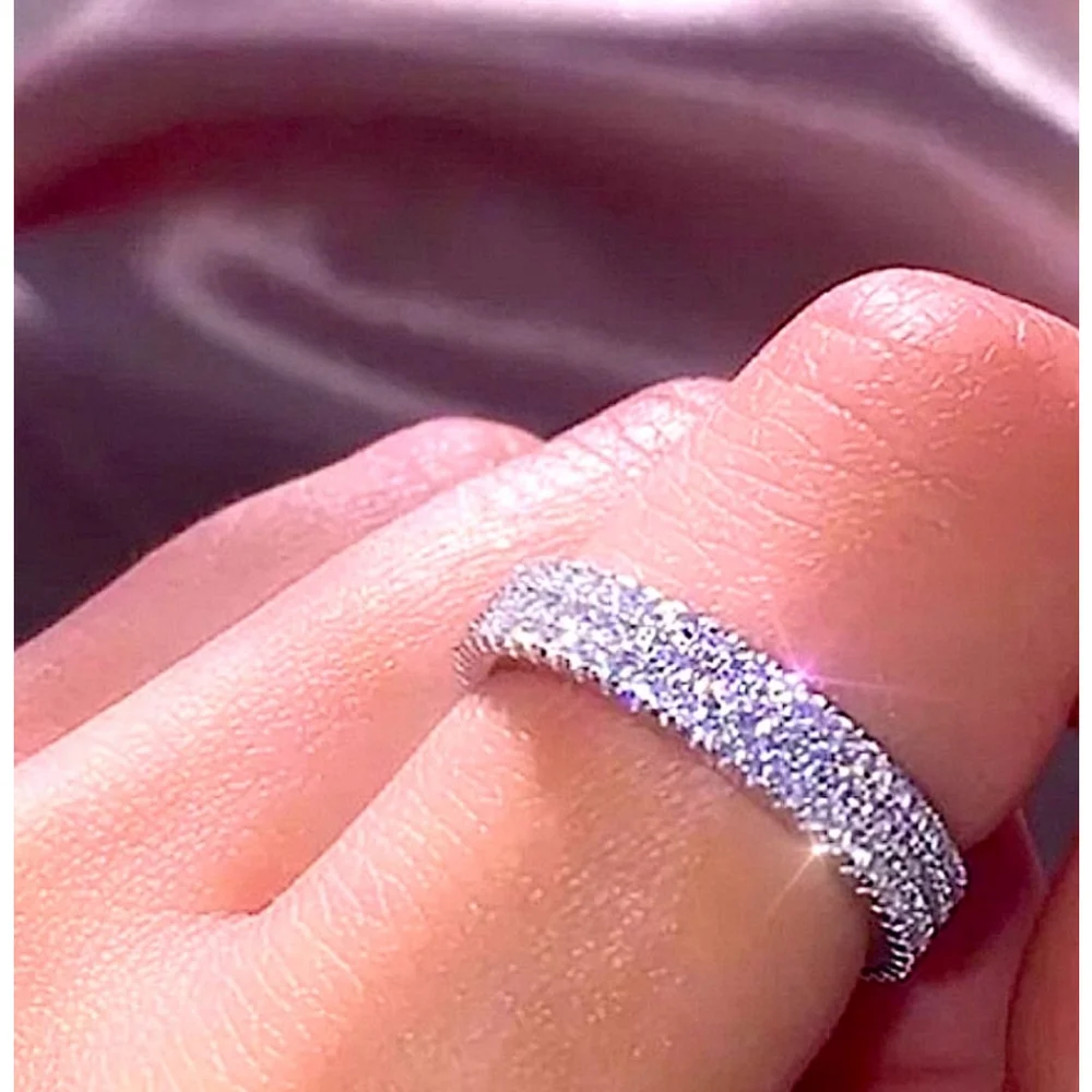NEW 14k Gold‎ Plated S925 Triple Row Eternity Diamond Wedding Ring, Size 7.5